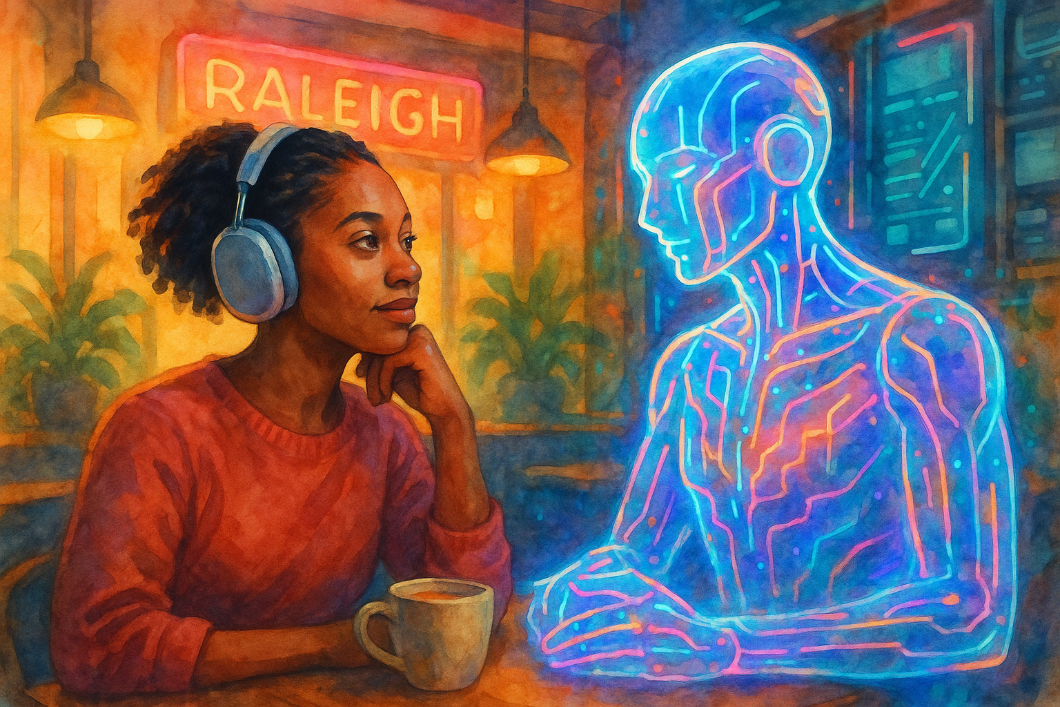 A young Black woman wearing Apple AirPods Max sits in a warm café, smiling across the table at a glowing, translucent humanoid AI made of neon circuits.