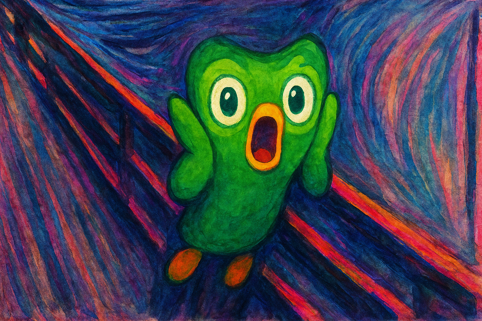 A green cartoon owl screams on a bridge, mimicking “The Scream” pose, with wide eyes and open beak amid swirling watercolor strokes in blue, purple, and red tones.