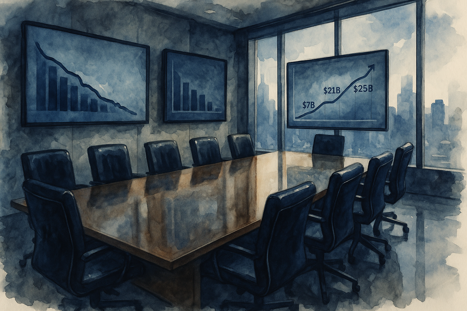 Watercolor painting of a modern boardroom with leather chairs, large table, city skyline view, and financial charts on wall-mounted displays.