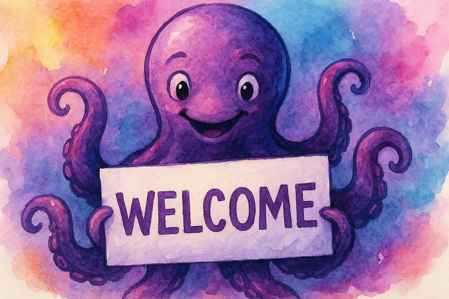 A watercolor-style digital illustration features a smiling purple octopus holding a welcome sign, set against a soft, colorful background in warm and cool tones.
