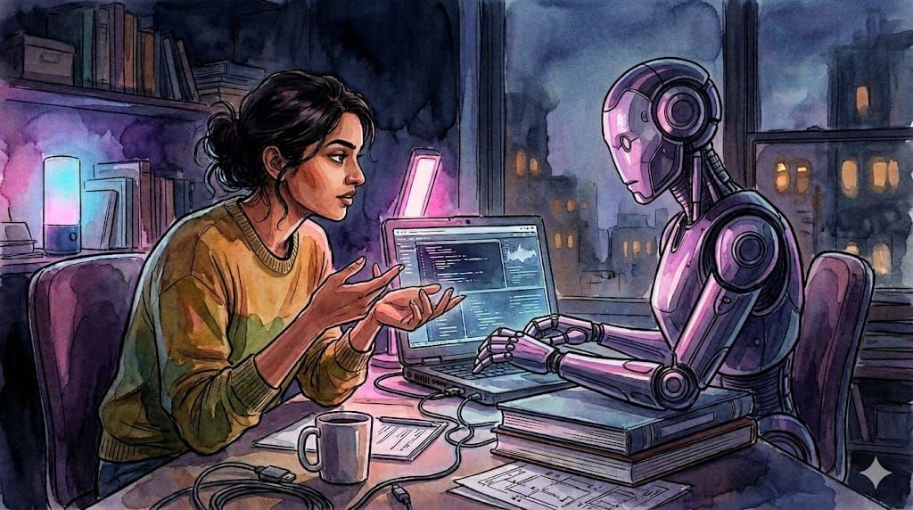 Painterly watercolor illustration of an Indian woman engineer and a humanoid robot pair programming at a single laptop in a moody, violet-lit study.