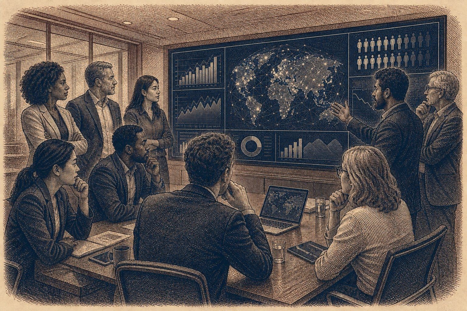 Vintage steel engraving of a dramatic boardroom with executives around a table and glowing data screens.