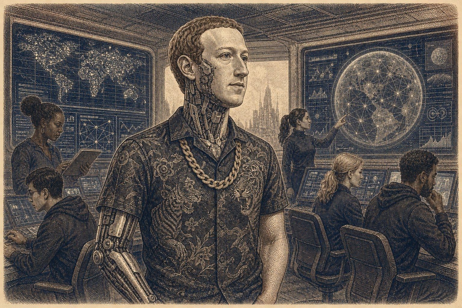 Vintage steel engraving of a cyborg Zuckerberg in a futuristic command center.