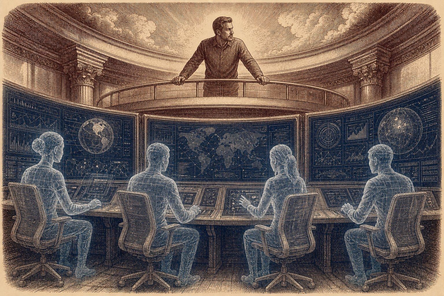 Vintage steel engraving of translucent AI figures at workstations overseen by a human in a command center.