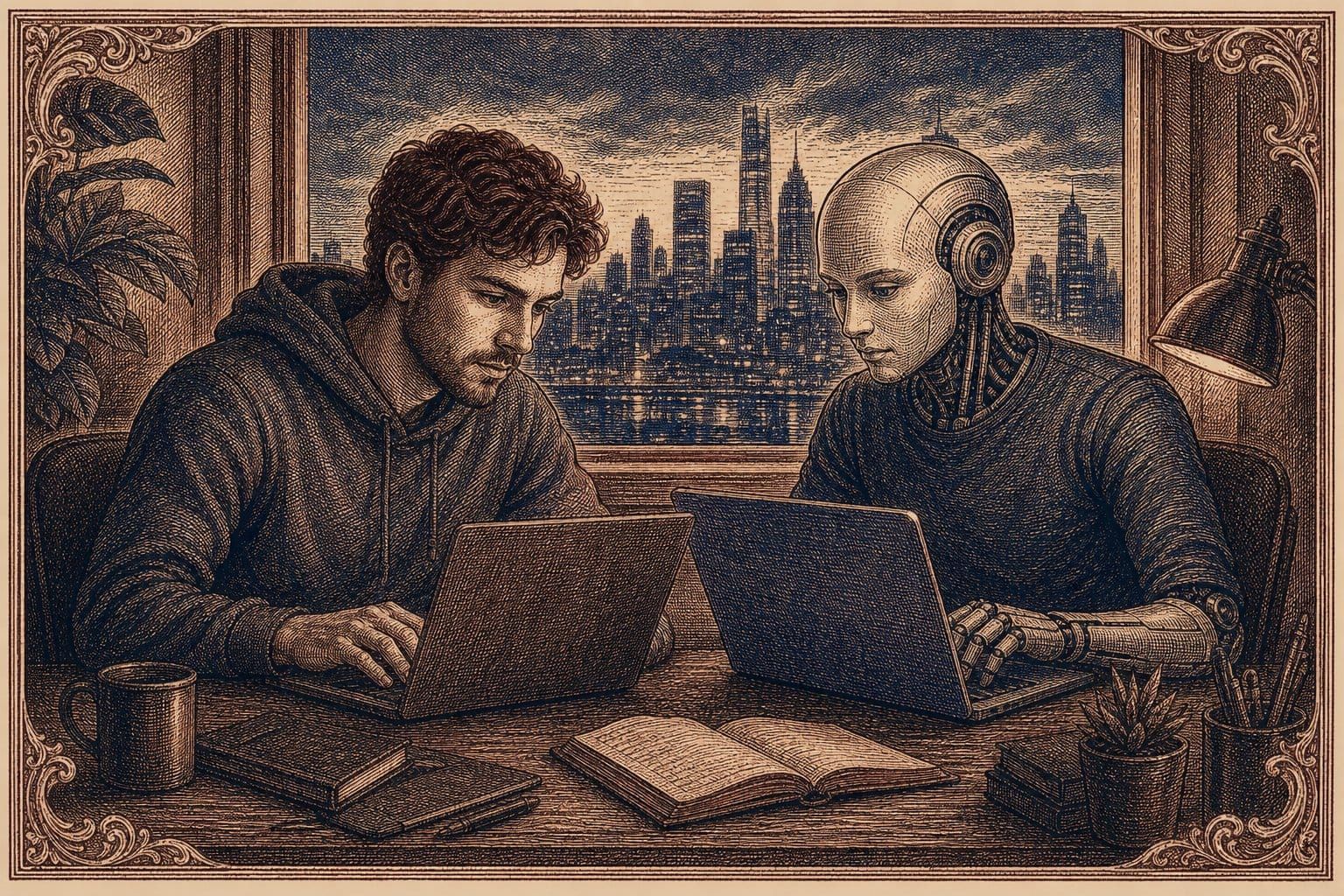 Vintage steel engraving of a human and humanoid AI collaborating on laptops with a glowing cityscape.