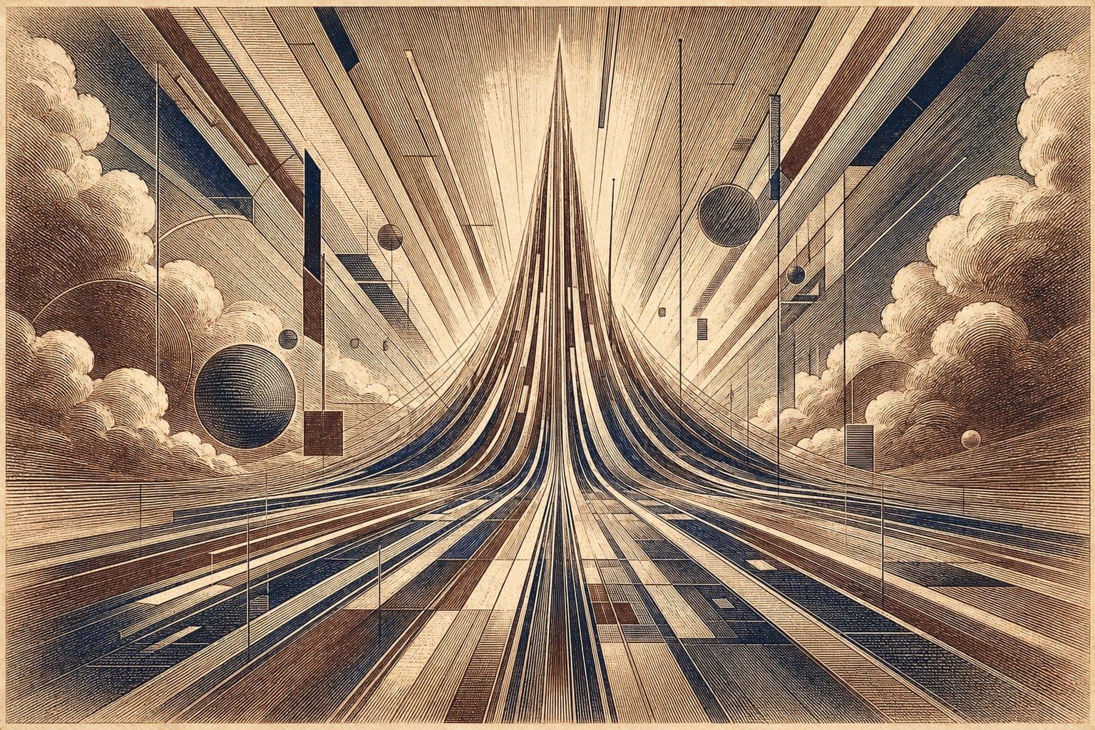 Vintage steel engraving of converging light lines forming a towering peak of digital transformation.