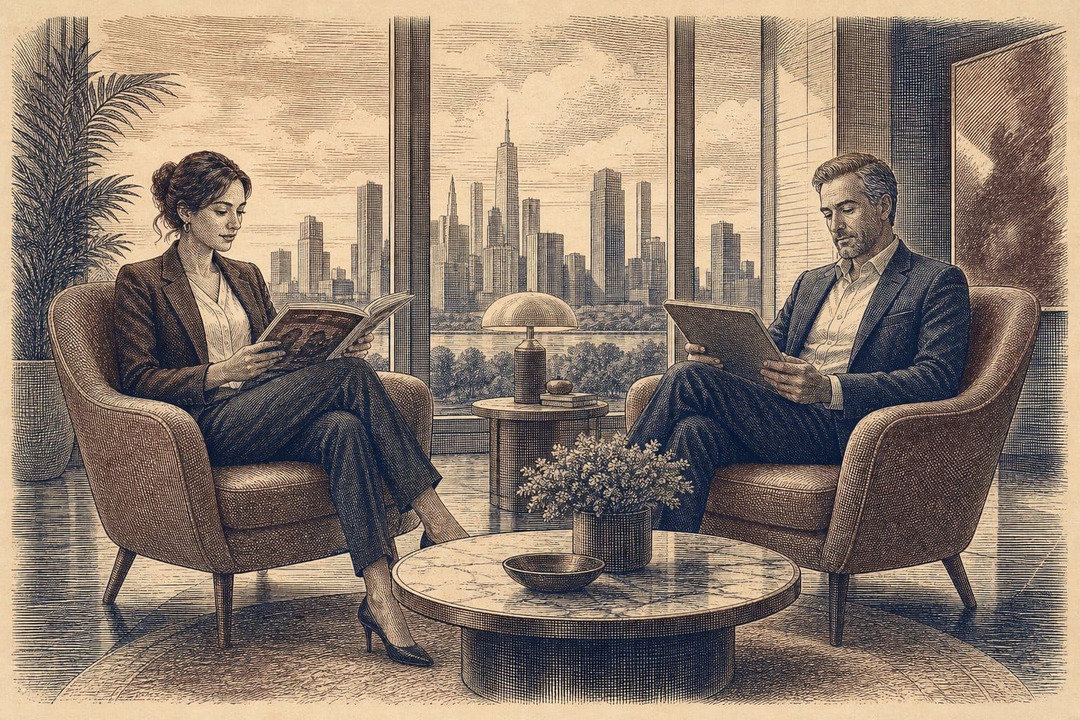 Vintage steel engraving of a professional woman and AI executive reading in a modern lounge.