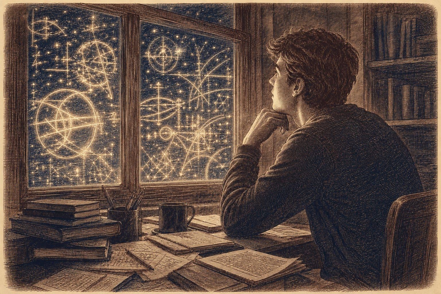 Vintage steel engraving of a young man studying glowing equations written on a window.