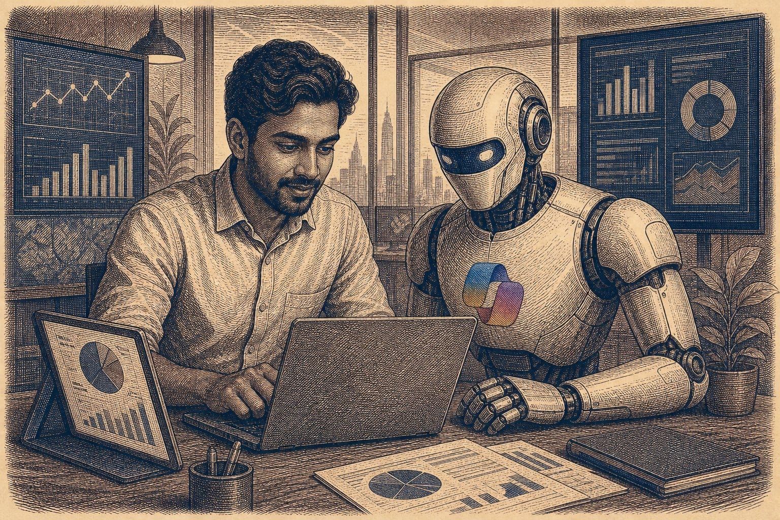 Vintage steel engraving of a South Asian man and a robot collaborator working at a laptop.
