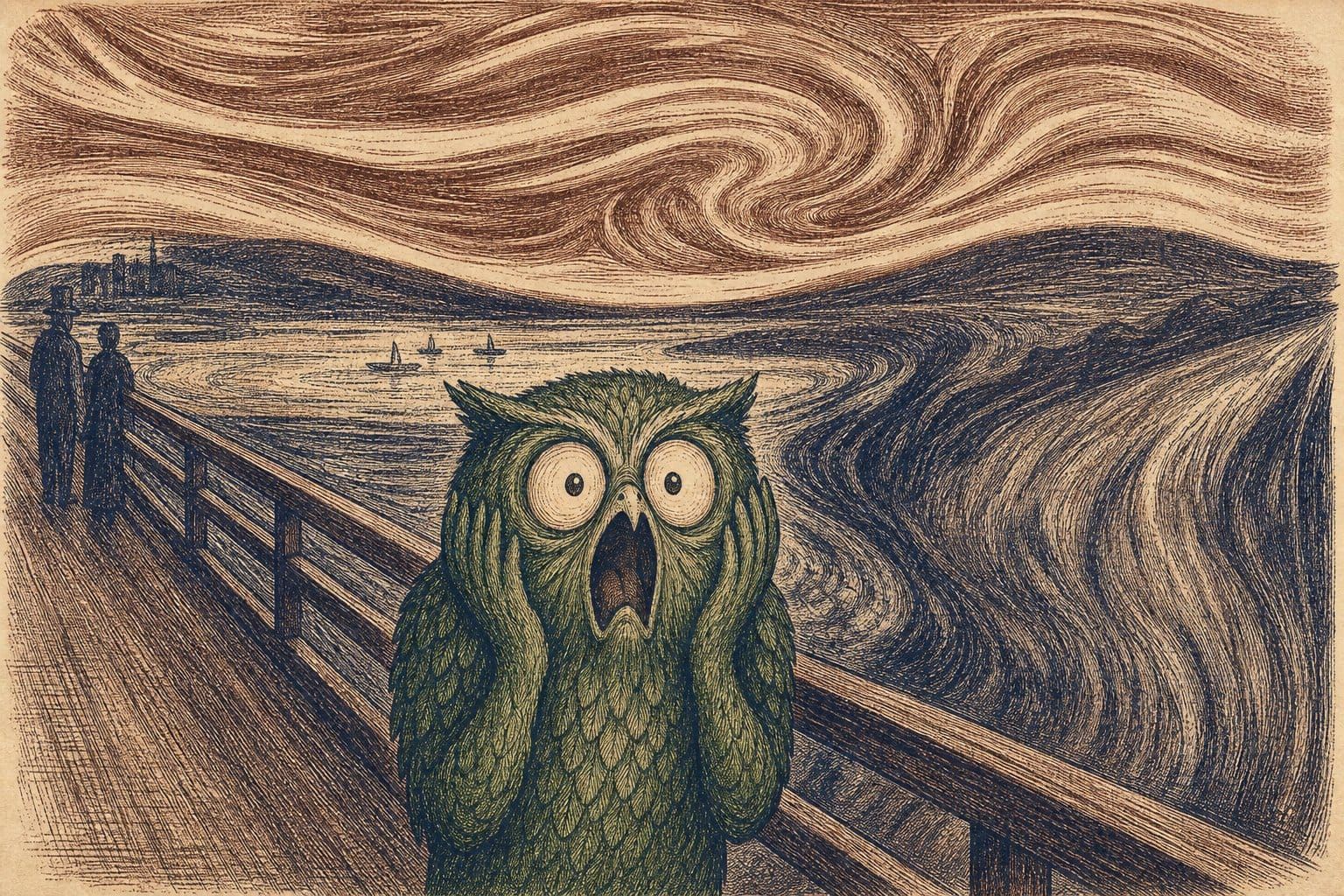 Vintage steel engraving of a green owl screaming on a bridge in the style of The Scream.