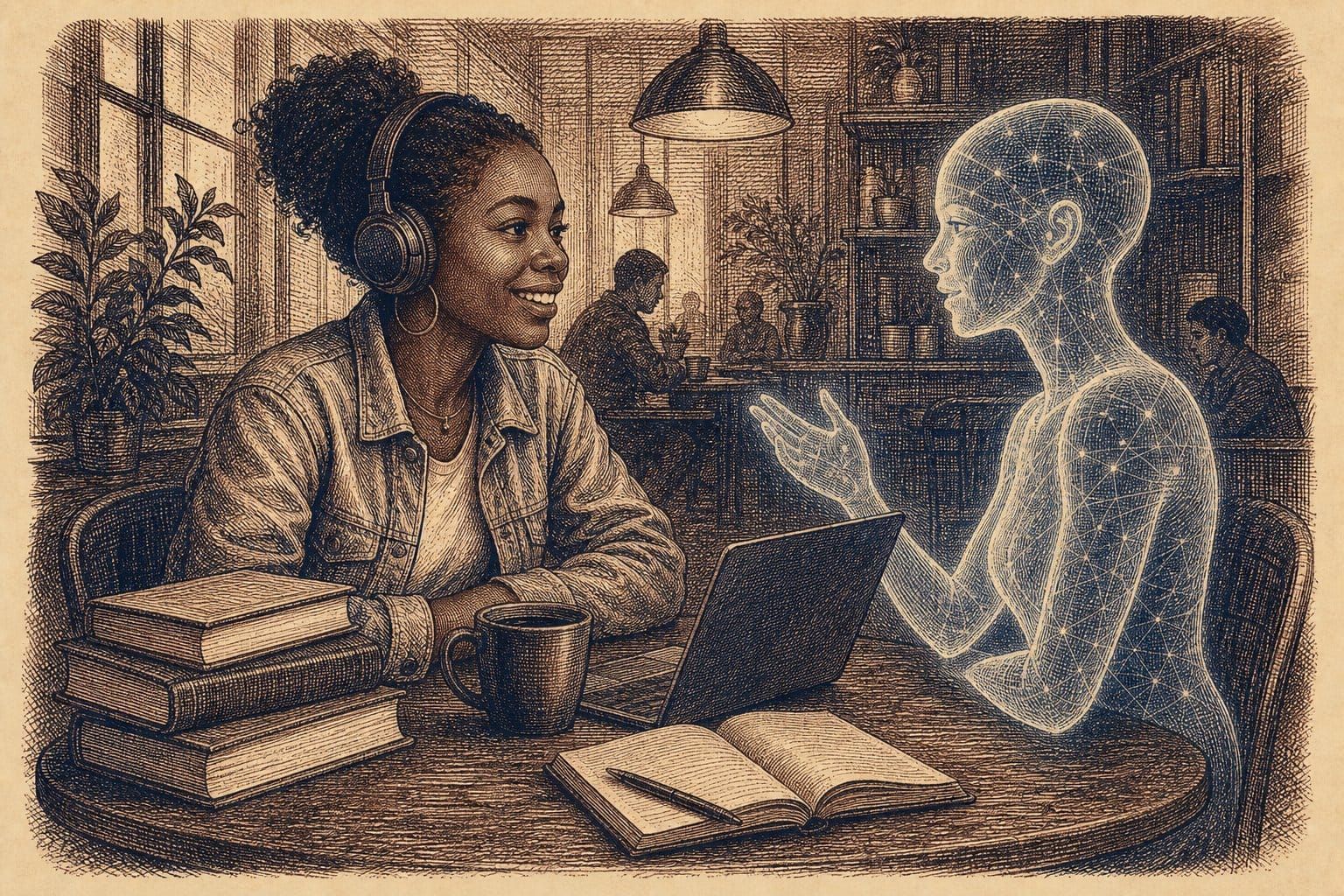 Vintage steel engraving of a young Black woman wearing headphones smiling at a glowing AI presence in a cafe.