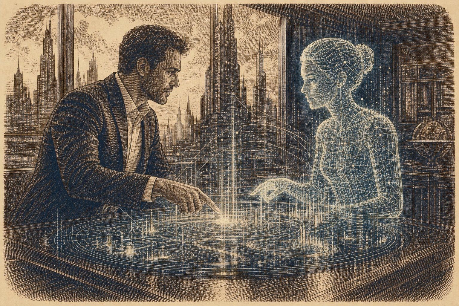 Vintage steel engraving of a human executive collaborating with a glowing AI figure at a holographic table.