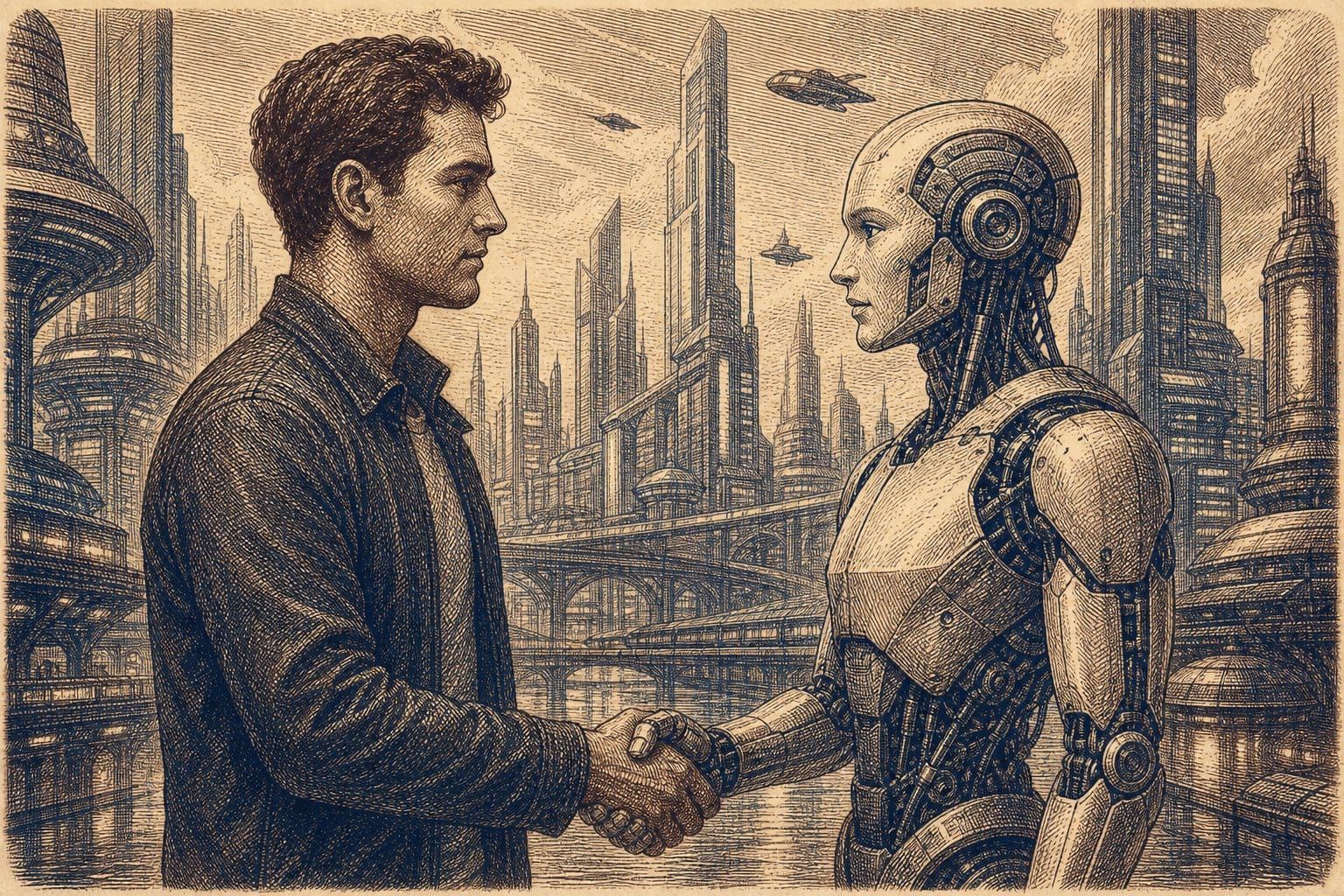 Vintage steel engraving of a human and humanoid robot facing each other in a futuristic city.