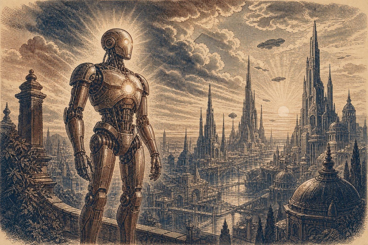 Vintage steel engraving of a glowing humanoid robot in a futuristic cityscape.