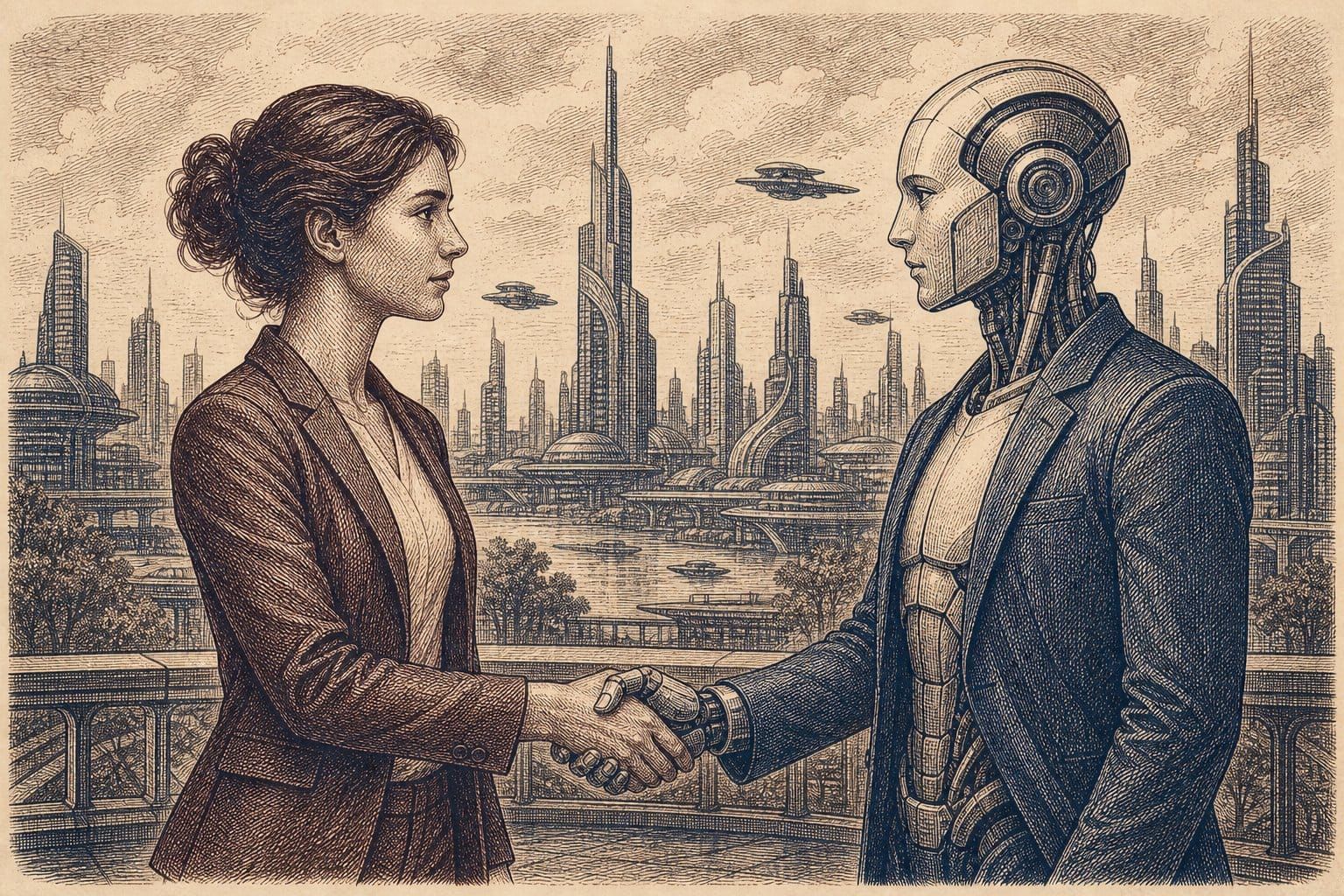 Vintage steel engraving of a woman and humanoid AI robot facing each other in a futuristic city.