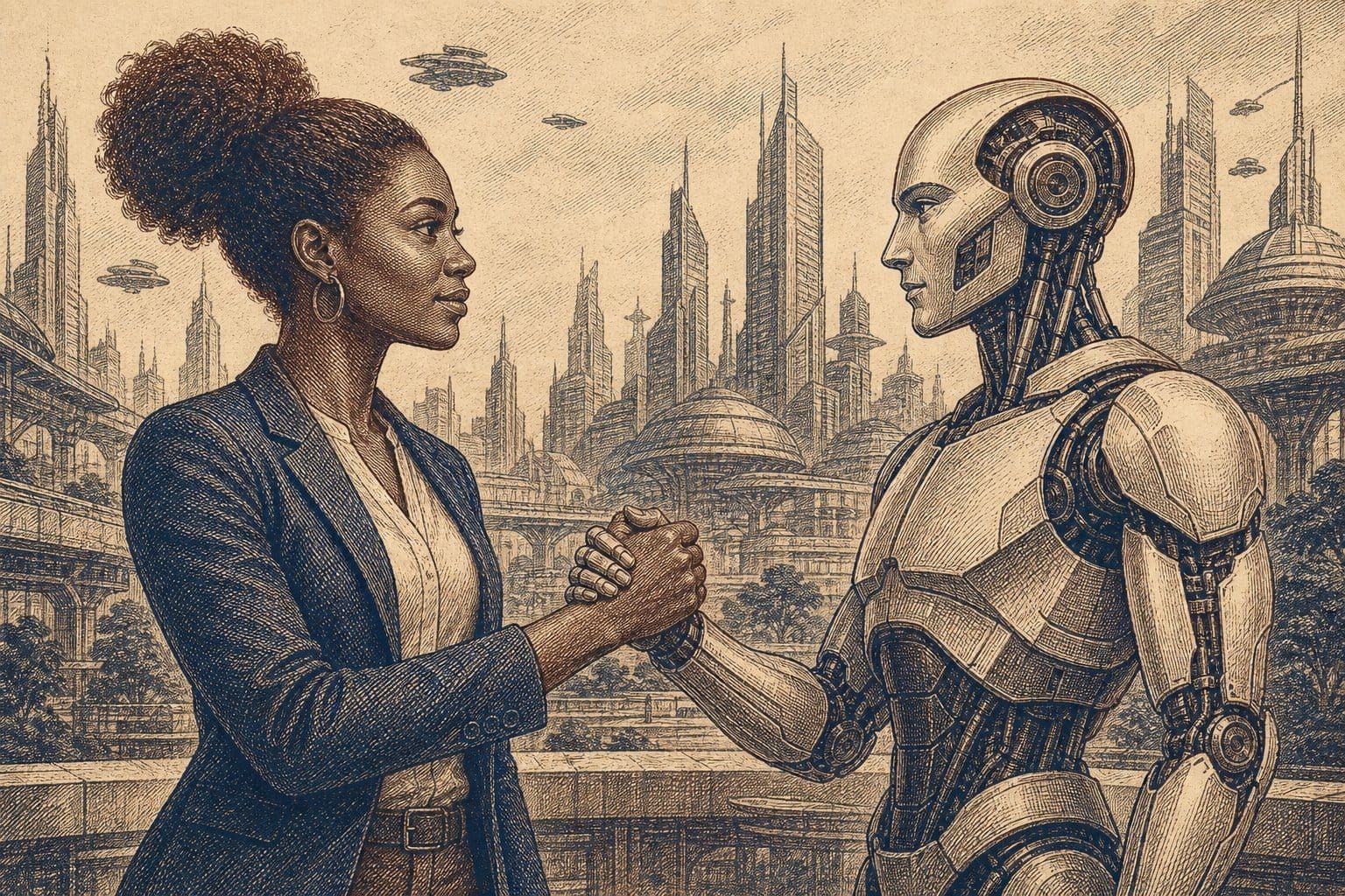 Vintage steel engraving of a woman and humanoid AI robot facing each other in a futuristic cityscape.