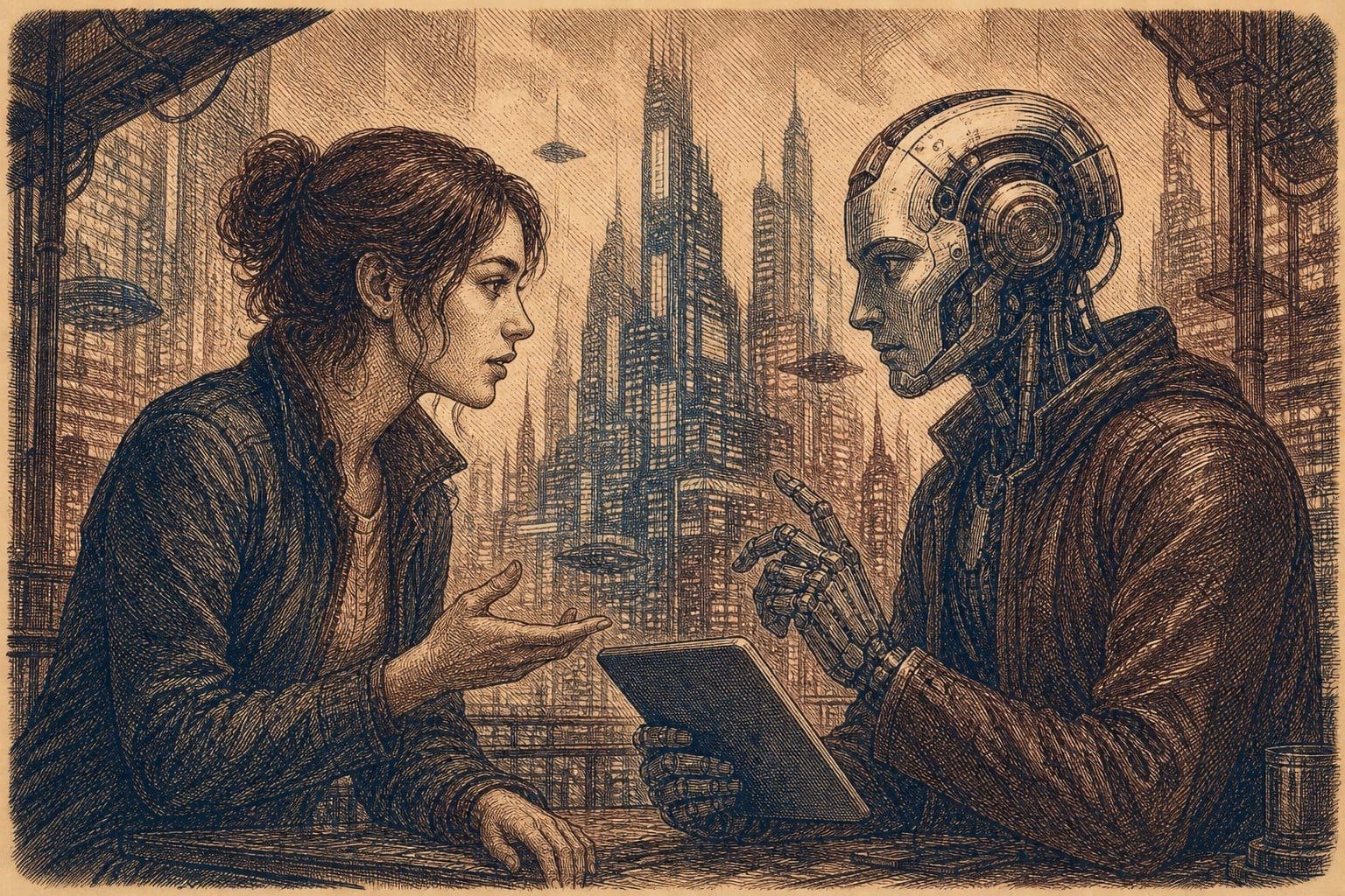 Vintage steel engraving of a woman and humanoid robot collaborating in a futuristic urban setting.