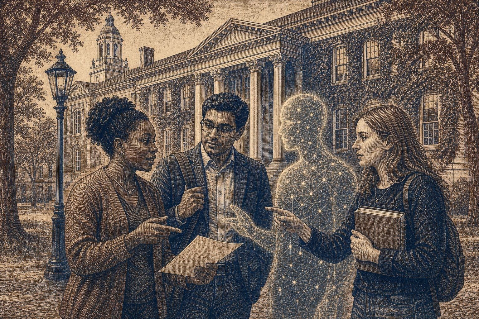 Vintage steel engraving of diverse professionals with a glowing AI presence outside a stately academic building.