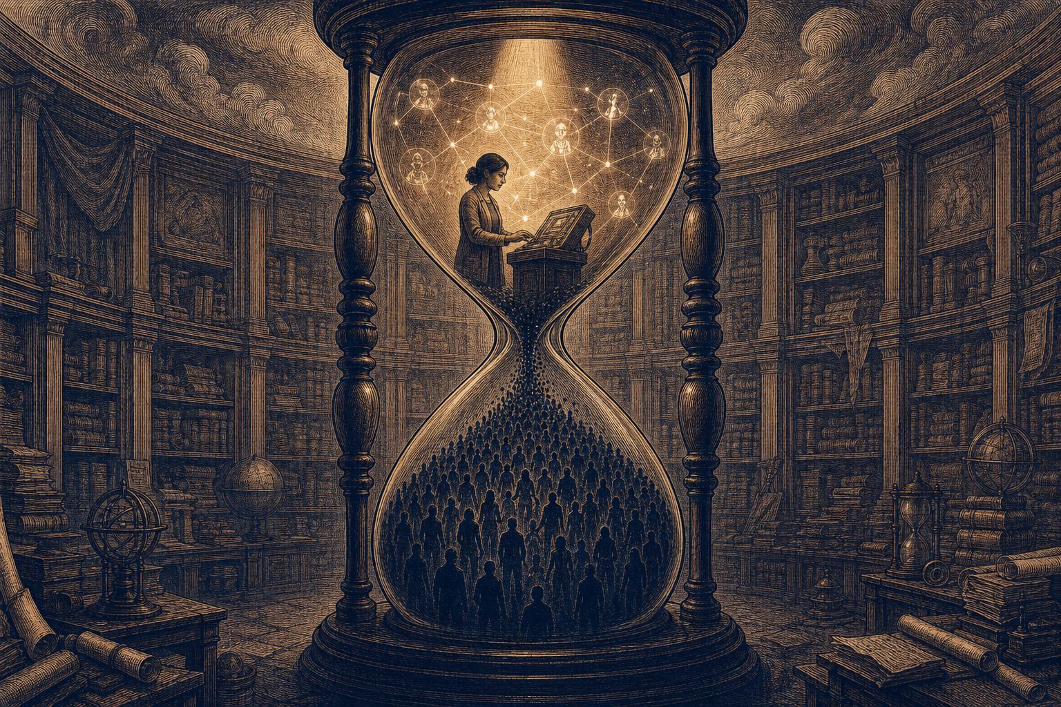 Vintage engraving: solo founder at console inside hourglass, team silhouettes filling lower chamber.