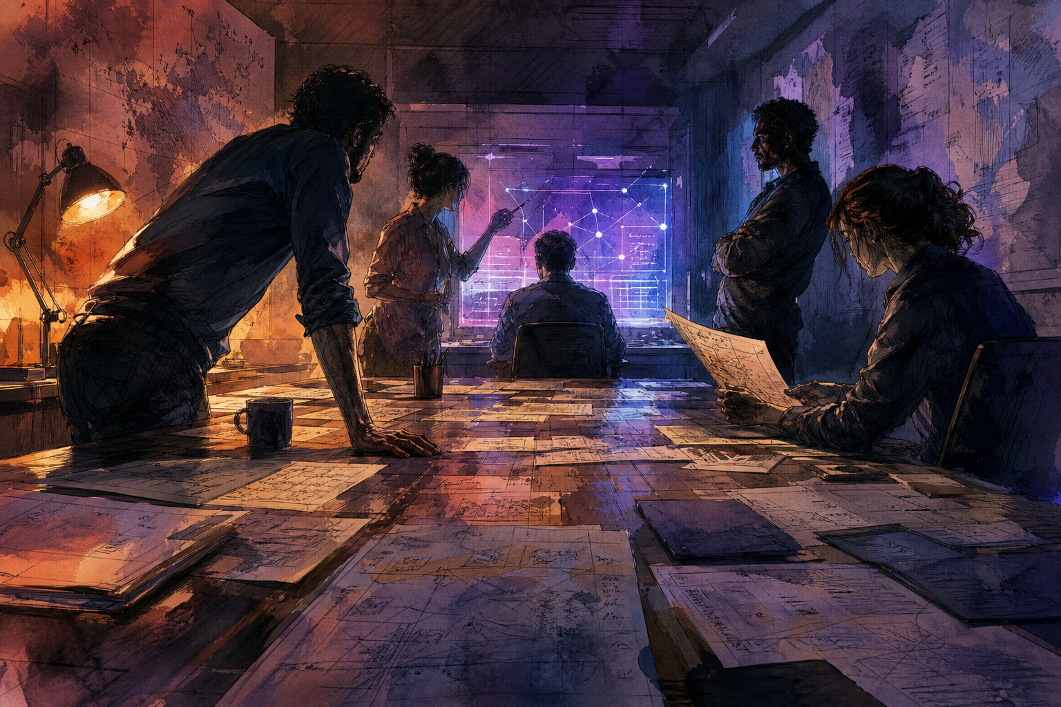 Five figures around a conference table at low angle, papers and a glowing terminal at the far end. Mixed amber and violet-blue lighting. Intense, collaborative atmosphere.