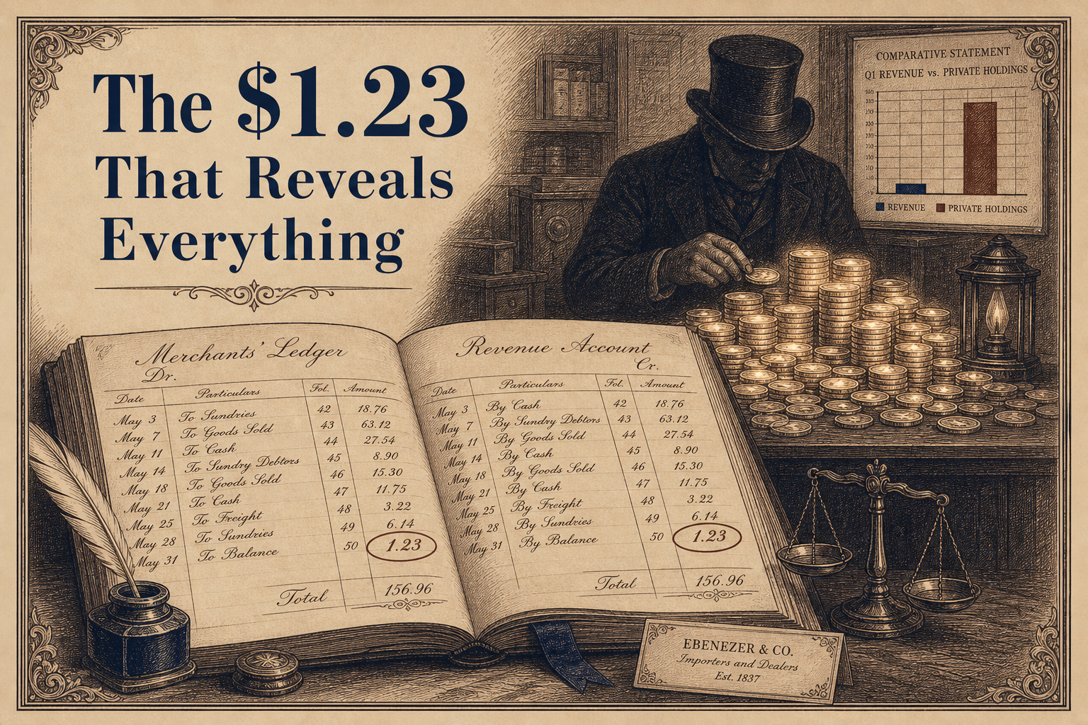 Vintage engraving of a ledger where hidden token piles dwarf the revenue column
