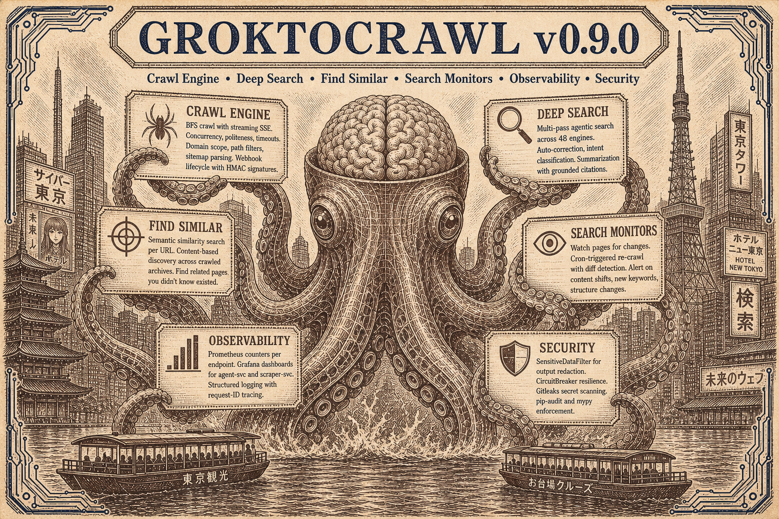 A vintage steel engraving of a kaiju octopus with an exposed brain rising from Tokyo Harbor, six tentacles holding engraved feature signs for GroktoCrawl v0.9.0