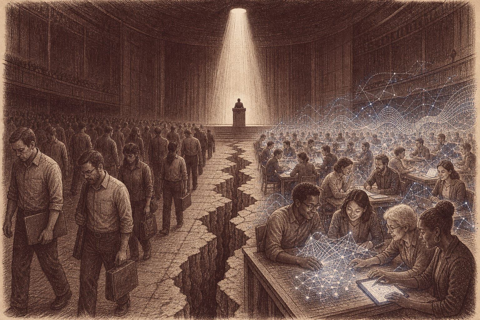 Vintage engraving of a divided auditorium — workers on one side displaced by mechanical figures, on the other collaborating with luminous data-forms, a silhouetted leader at a distant podium