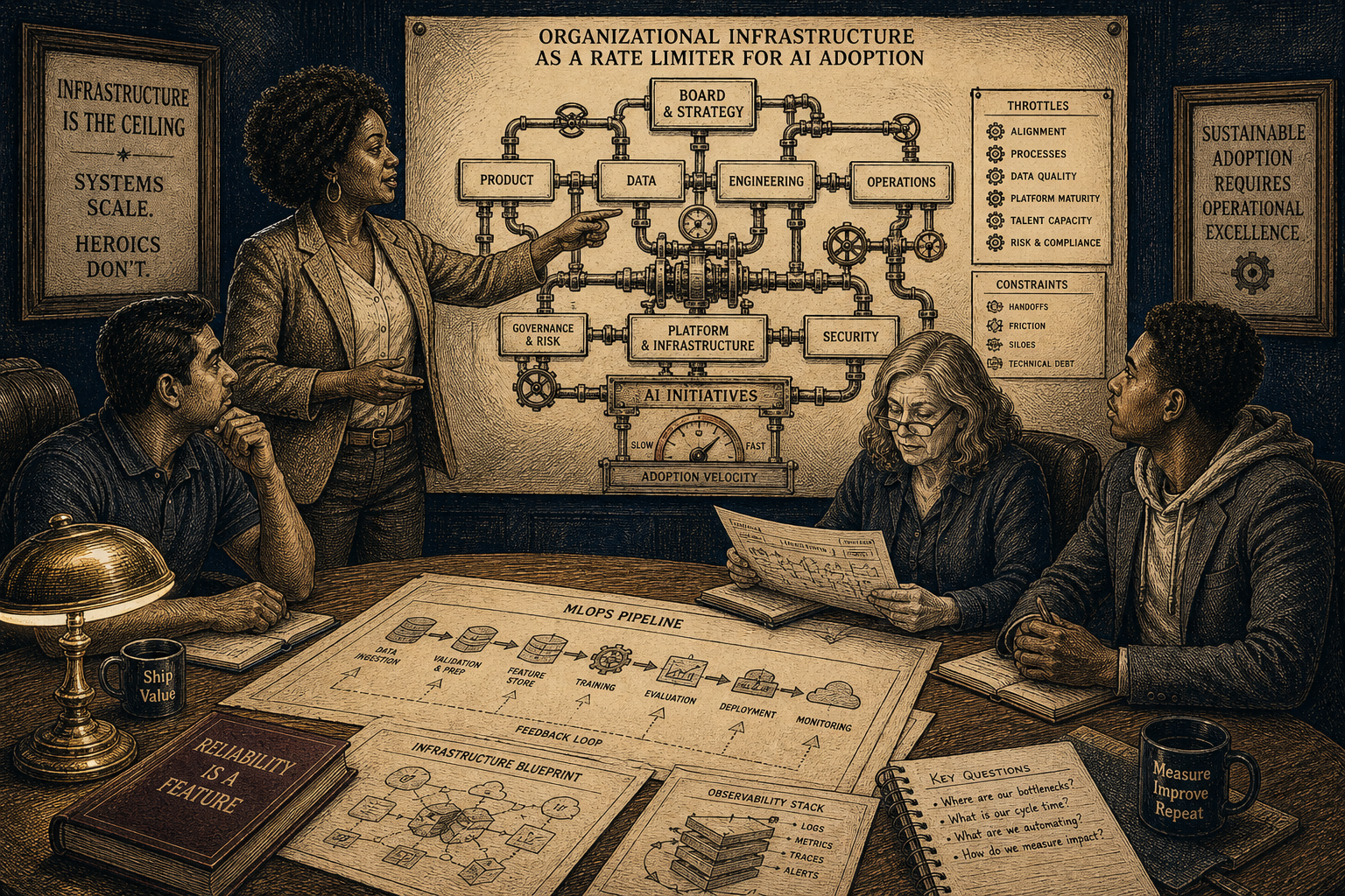 A diverse strategy session studies an organizational chart reimagined as a mechanical governor, with valves and throttles between each box controlling the flow of AI infrastructure adoption.