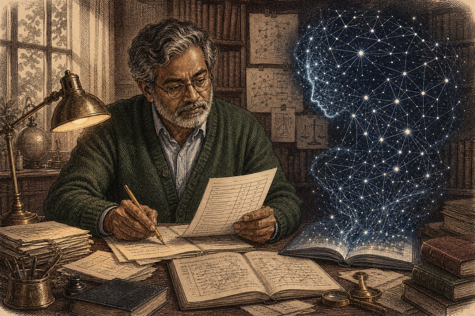 A human reviews an AI governance checklist with a luminous constellation-like advisor in a working library.