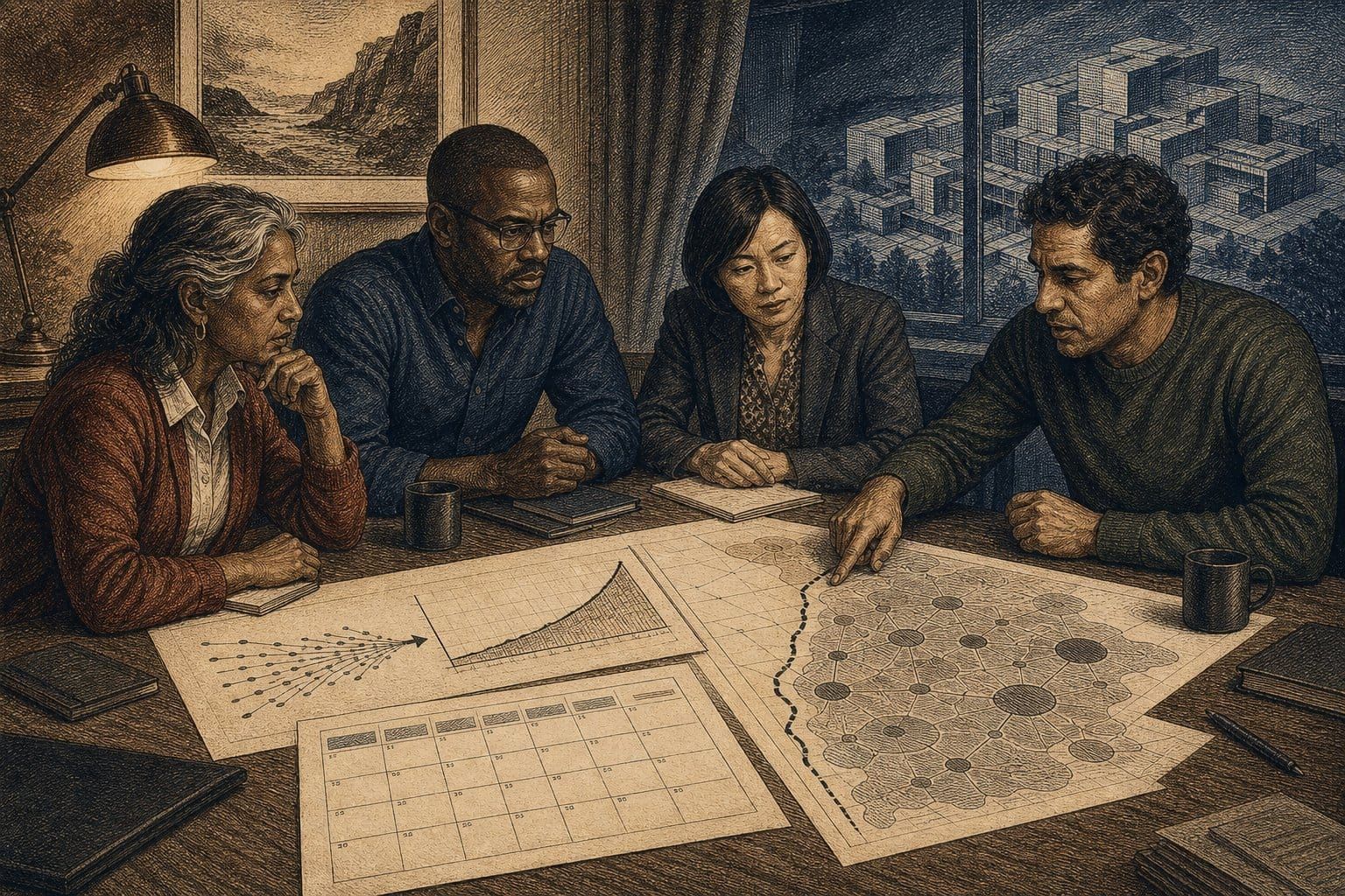 Four leaders review a cost curve and a service map at a conference table.