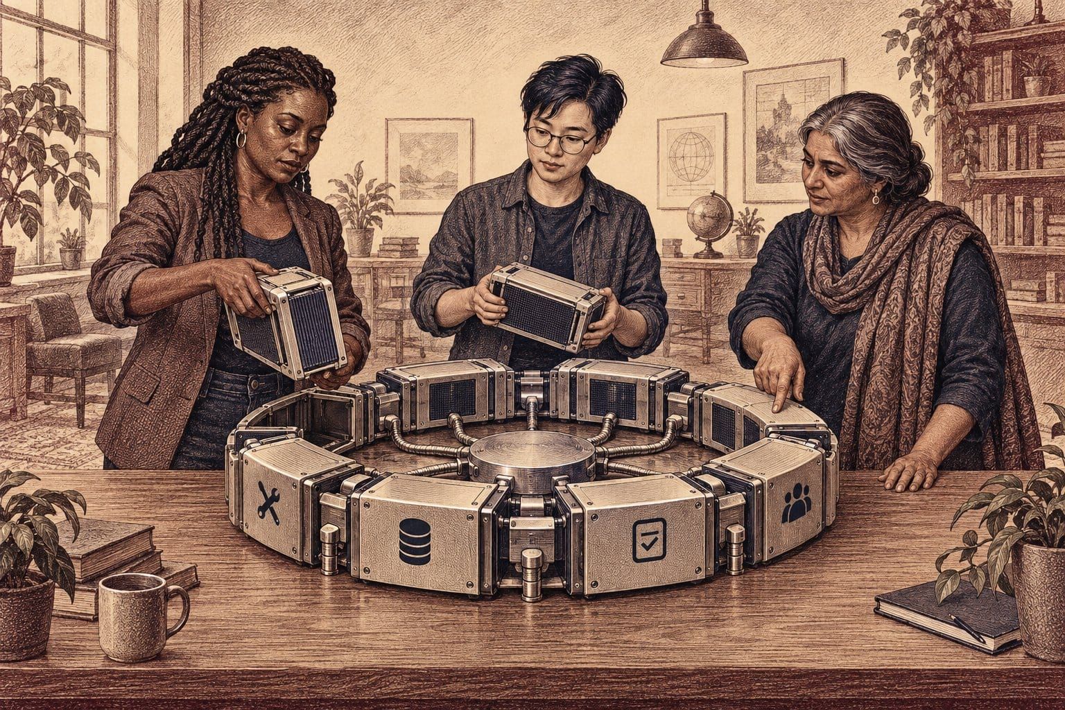 Three people swap model engines around a shared orchestration ring with fixed tool, memory, evaluation, and approval ports.