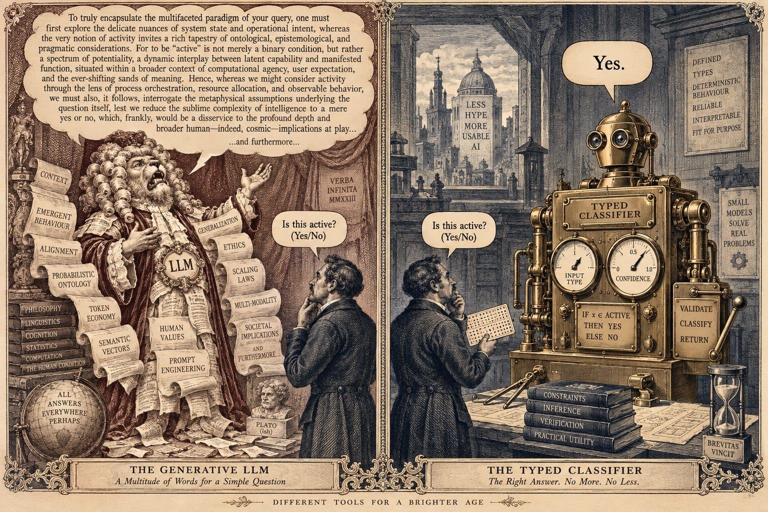 A satirical diptych engraving: an oratorical generative LLM drowning a simple question in paragraphs of prose versus a compact mechanical classifier answering with a single Yes.