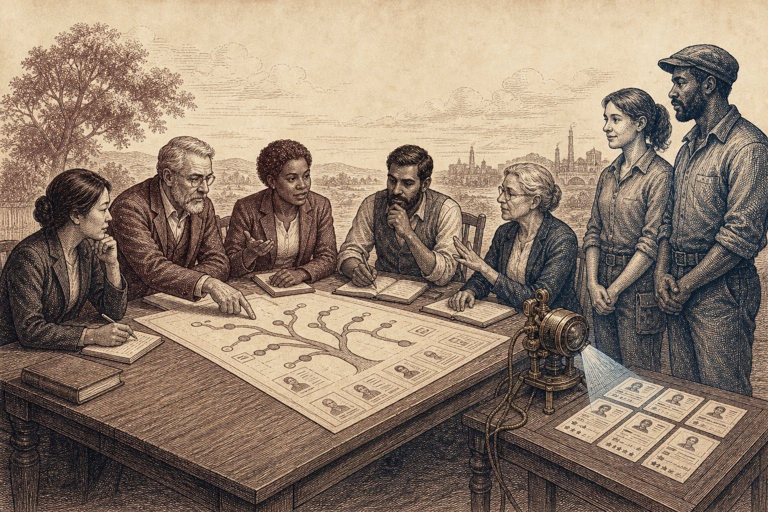 Seven people review a branching portrait diagram as a brass projector beams star-rated candidate profiles in a vintage engraving.
