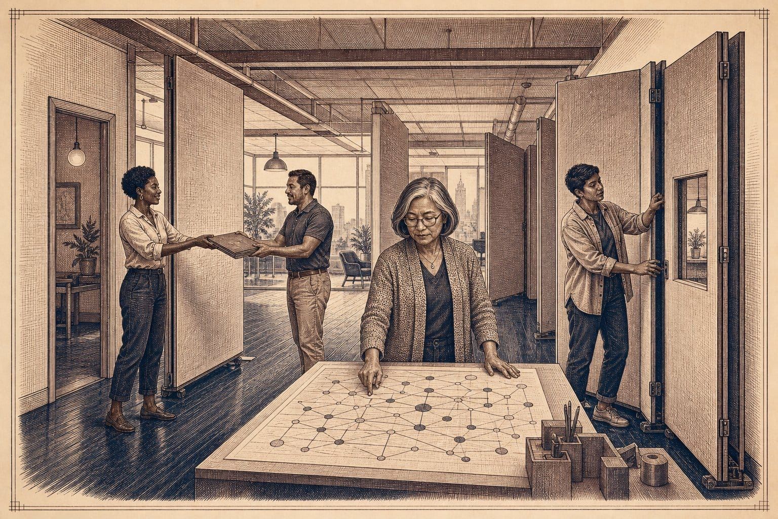 Four modern professionals reconfigure office partitions around a shared workflow, opening collaboration while preserving a review doorway.