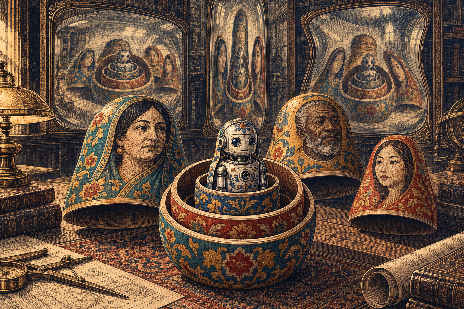 Human-painted nesting shells surround a robotic doll, reflected in three distorted funhouse mirrors.