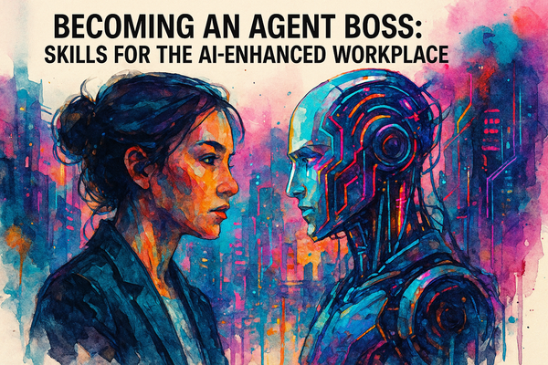 Watercolor-cyberpunk image of a woman and humanoid AI robot in a neon cityscape, symbolizing teamwork and leadership in the AI-powered workplace.