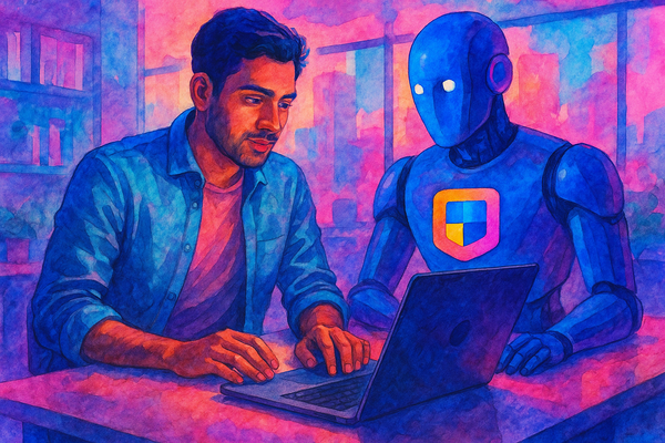 A South Asian man and a robot with a Copilot logo work together at a laptop in a modern office, surrounded by vibrant cyberpunk watercolor tones.