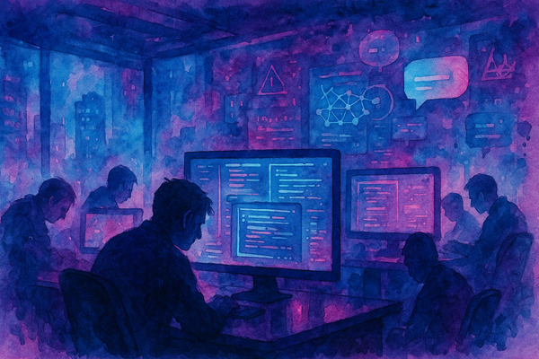 Silhouetted tech workers at glowing screens in a dark office, surrounded by neon blue and pink watercolor shapes, with digital elements fading into the cyberpunk night.