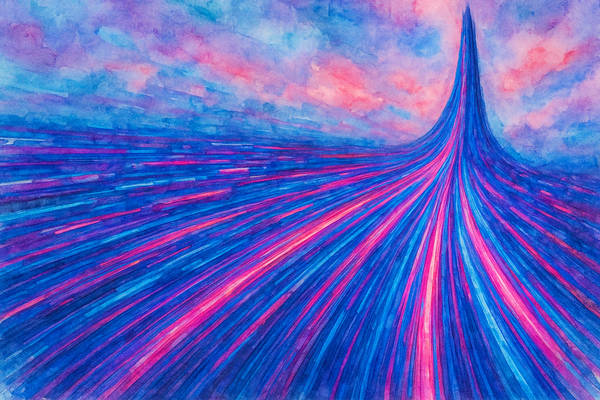 Watercolor illustration of vibrant, neon-colored lines converging into a towering peak, evoking motion and digital energy under a dreamy, cyberpunk sky.