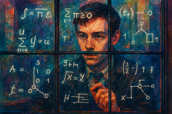 A young man studies glowing equations drawn on a window, lit by cyberpunk hues of blue and violet in a watercolor style, suggesting deep thought and academic intensity.