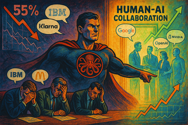 Comic-style illustration of regretful execs beside a superhero with the Groktopus logo, pointing toward a glowing AI collaboration zone with logos like OpenAI, Google, and NVIDIA.