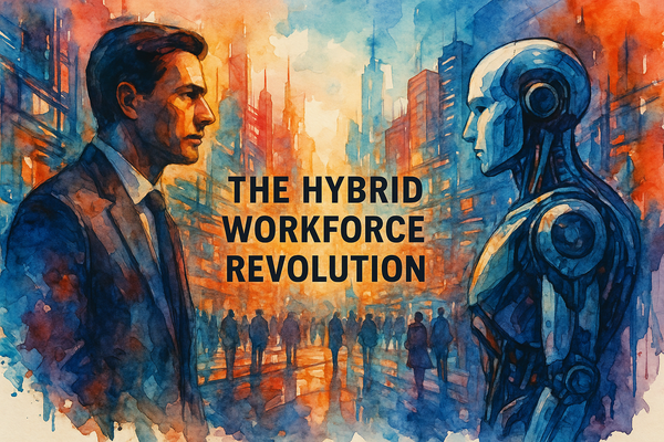 Watercolor-style image of a human and a humanoid robot facing each other in a futuristic city, symbolizing the rise of hybrid workforces.