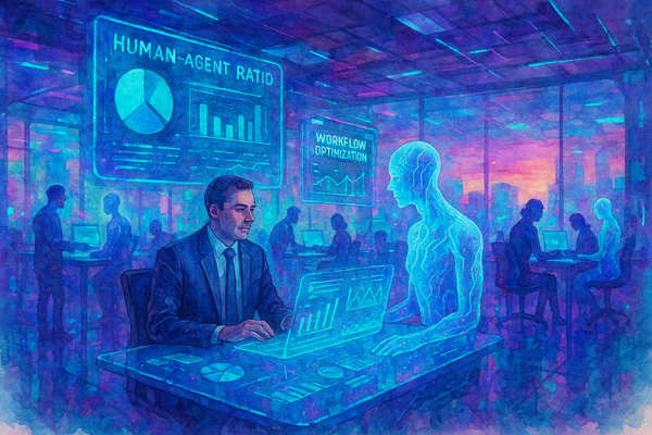 A watercolor-style painting shows a futuristic office where a human executive collaborates with a glowing, translucent AI at a holographic desk. Other human-AI teams work in the background.