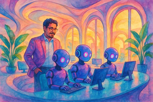 A man supervises three humanoid AI agents in a futuristic, curvy office with glowing sunset light, tropical plants, and a sleek, seamless design.