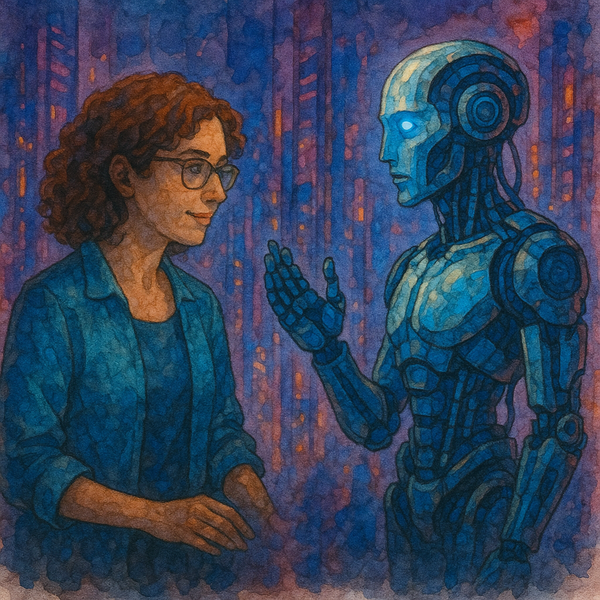 A watercolor illustration of a woman and a humanoid robot facing each other in a neon-lit cyberpunk cityscape, appearing engaged in thoughtful, collaborative conversation.