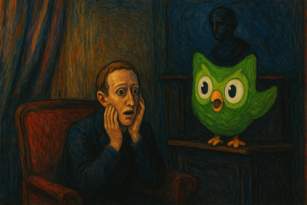 Mark Zuckerberg and the Duolingo owl, screaming on a bridge in the style of Munch’s "The Scream," surrounded by eerie AI figures in a surreal sunset.