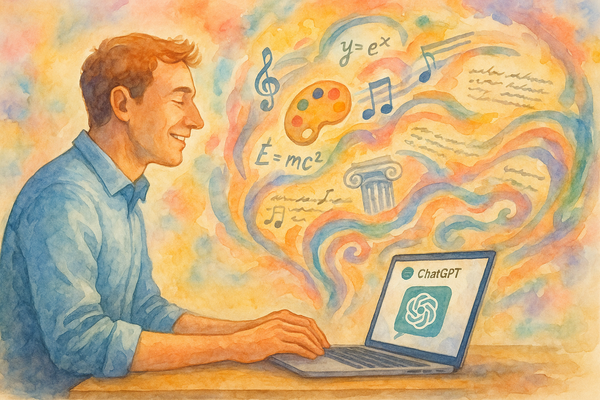 Watercolor painting of a smiling office worker chatting with ChatGPT as equations, music, and art swirl from the laptop into the air like magical, colorful smoke.