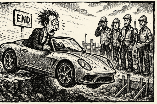 A panicked businessman in a sports car drives off the edge of a finished road into rough terrain while surprised construction workers look on.