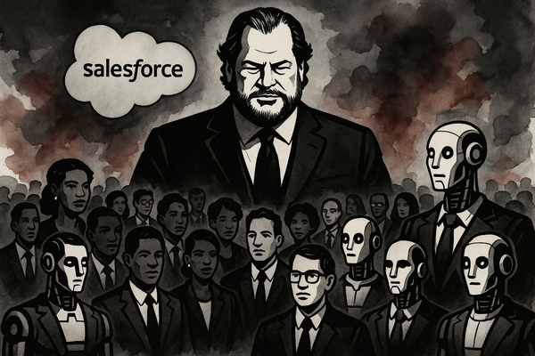 Marc Benioff presides over a crowd split evenly between diverse human workers and humanoid AI agents, in a stylized vector noir and watercolor scene.