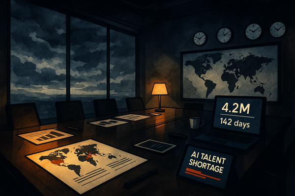 A dramatic boardroom scene in watercolor and vector noir style, with glowing screens showing “AI Talent Shortage” and “4.2M, 142 days” metrics, against a stormy sky backdrop.